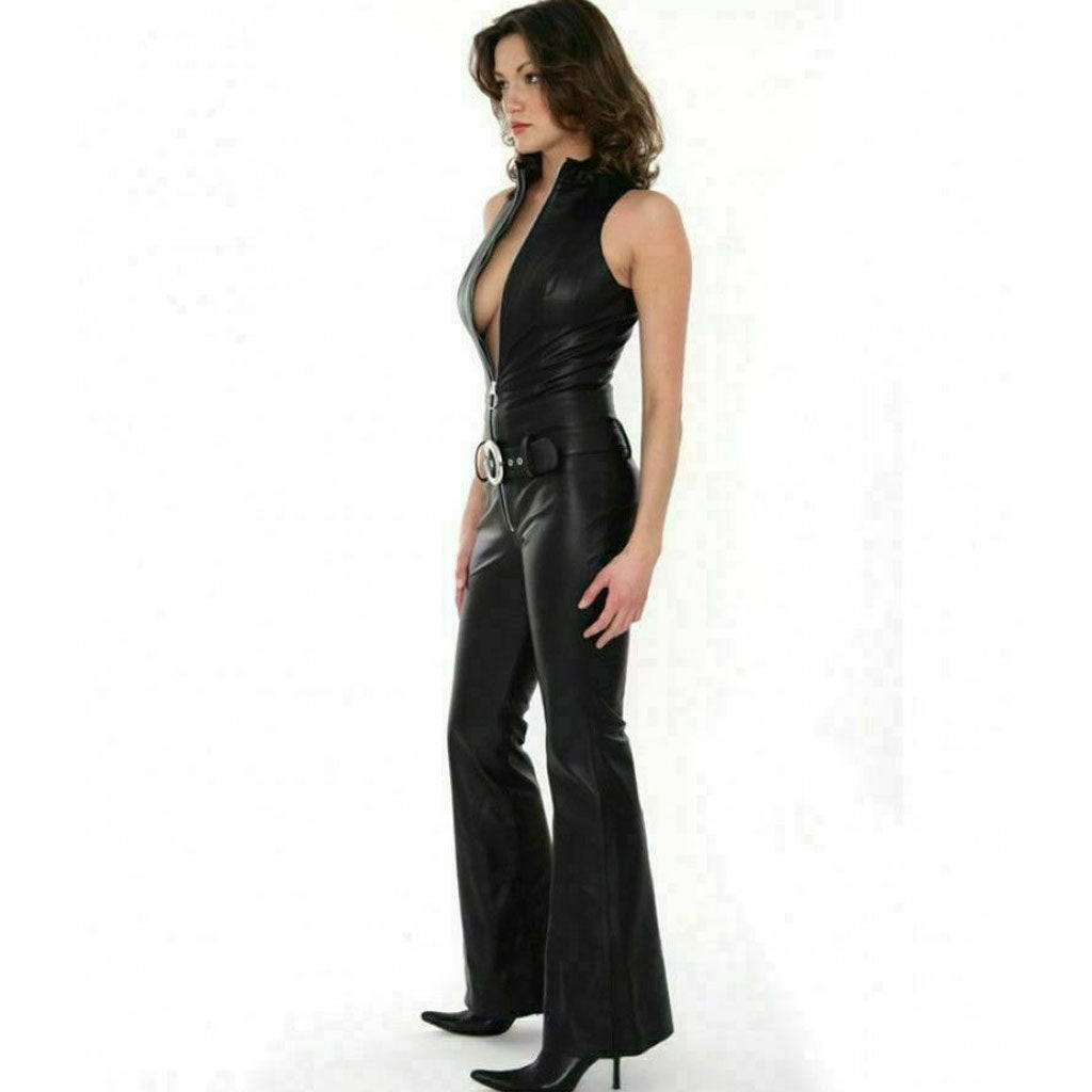 Women Genuine Leather Jumpsuit Black Real Leather Romper Belted Stylis