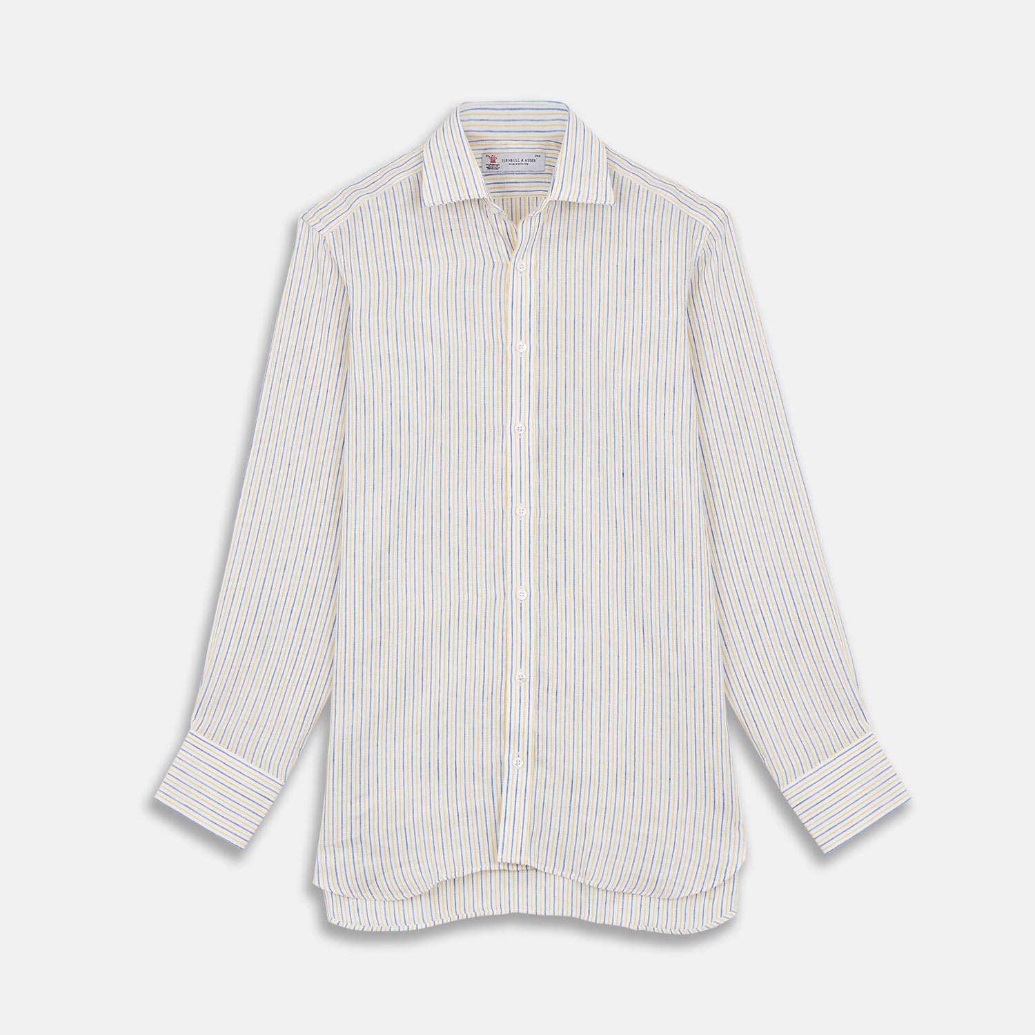 Yellow and Blue Ticking Stripe Linen Shirt with POW Collar and 3-Button Cuffs