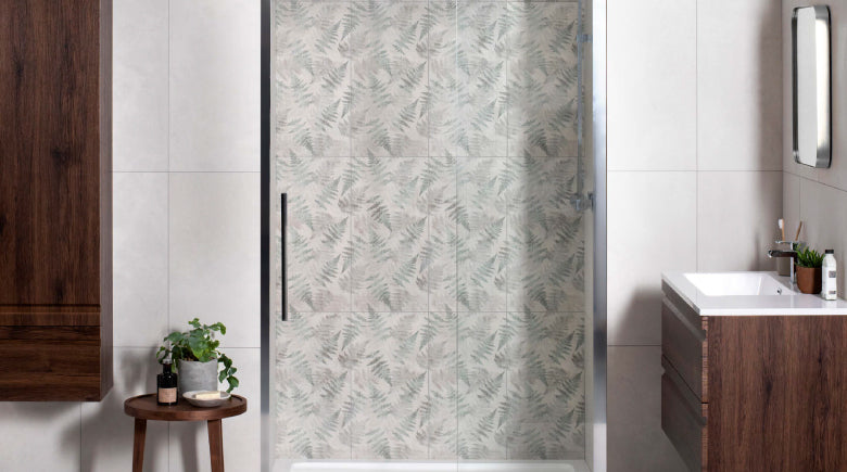 Palm print tiles on shower wall