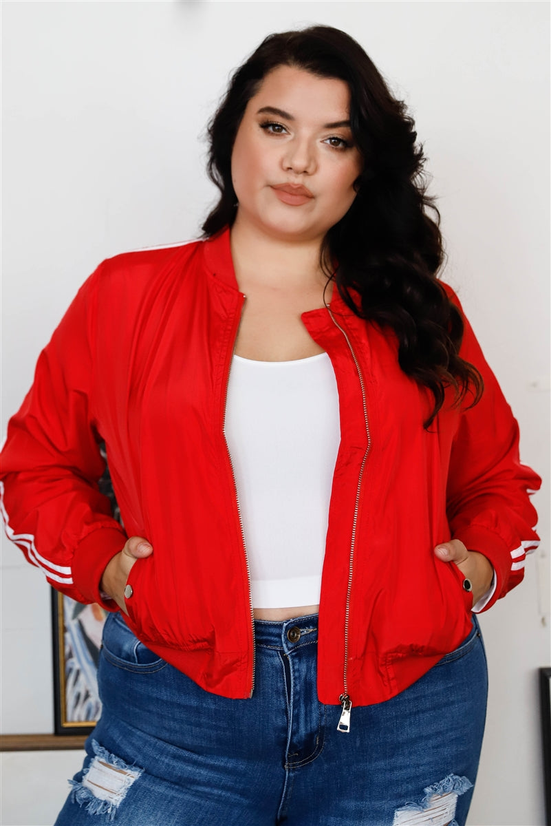 Plus Size Red & White Retro Stripe Trim Windbreaker Bomber Jacket