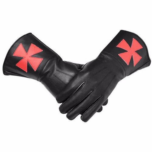 Masonic Regalia Knight Templar Black Gauntlets Red Cross Soft Leather Gloves - Regalialodge
