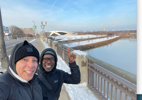 Chris McPhee and Ruben Ayala in Columbus, Ohio on a snowy day visiting the National Veterans Memorial and Museum