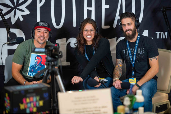 Ruben Ayala, CEO of Triple Nikel (left), Missy (middle) and Derek (right), podcast host/founders of Pot Head Parent; conducting a podcast interview at the Military Influencer Conference at Hilton Resort World in Las Vegas, NV, November 27, 2022. 