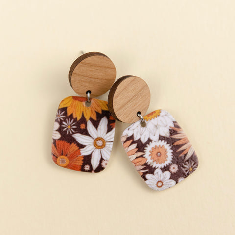 Boho Hippie Retro Mystery Burgundy Floral Daisy Wood & Leather Statement Earrings