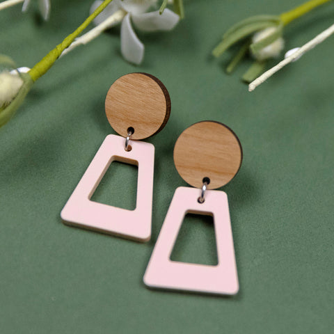 Mid Century Modern Inspired Wood & Acrylic Pink Earrings