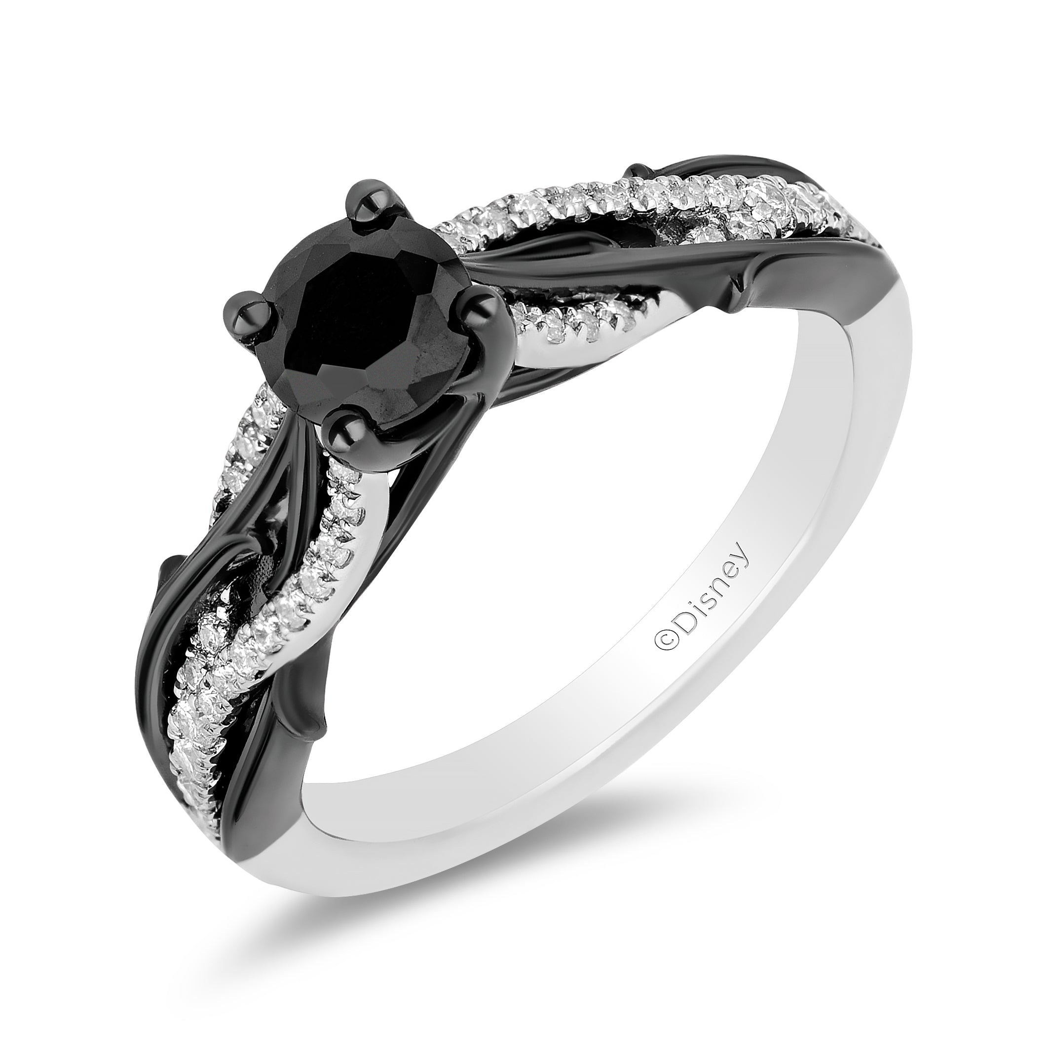 Enchanted Disney Fine Jewelry 14K White Gold with Black Rhodium Maleficent Engagement Ring with 3/4 CT Black Diamond Center Stone and 1 CTTW Diamonds