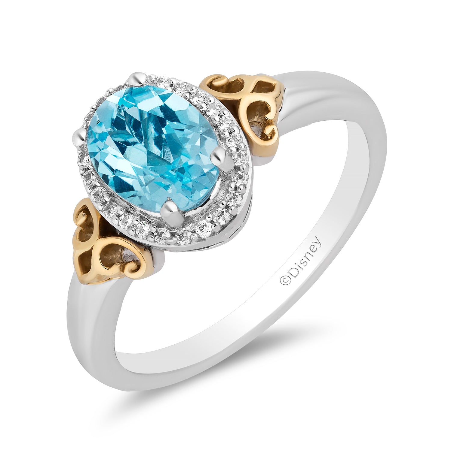 Enchanted Disney Fine Jewelry 14K Yellow Gold Over Sterling Silver with 1/10 CTTW Diamonds and Swiss Blue Topaz Jasmine Ring