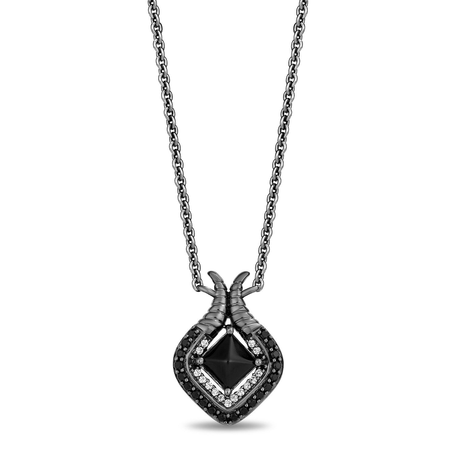 Enchanted Disney Fine Jewelry Black Rhodium Over Sterling Silver with 1/5 CTTW Diamonds and Black Onyx Maleficent Pendant Necklace