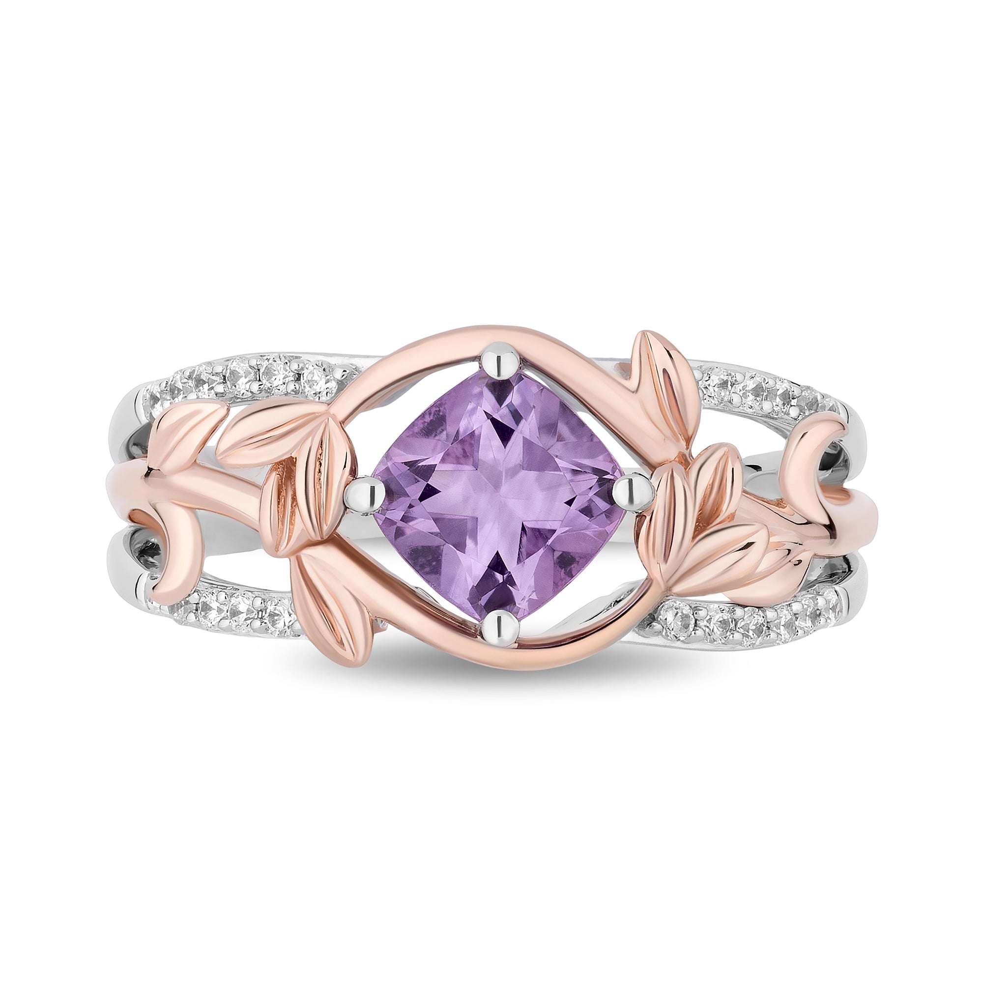 Enchanted Disney Fine Jewelry Sterling Silver and 10K Rose Gold with 1/10 CTTW Diamonds and Rose De France Rapunzel Ring