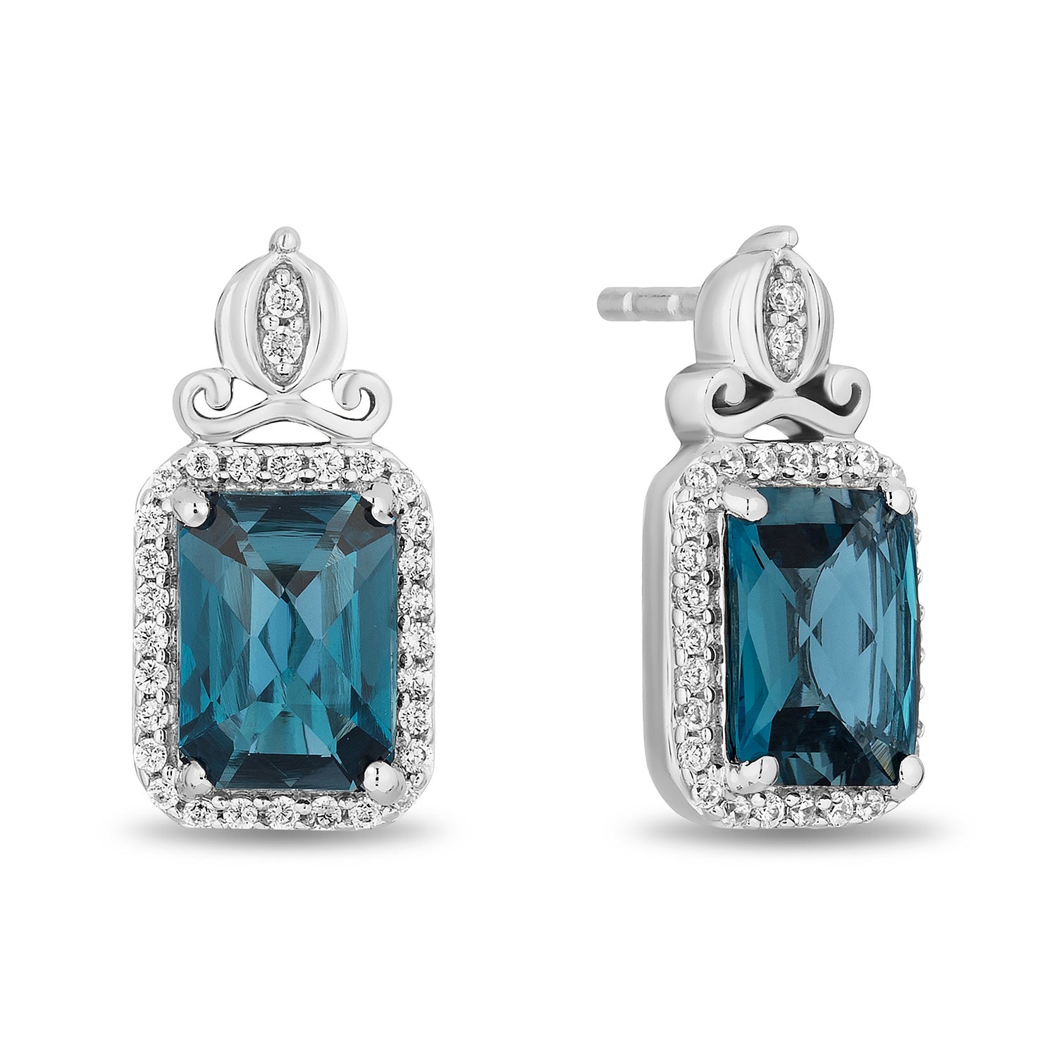 Enchanted Disney Fine Jewelry Sterling Silver with 1/6 CTTW Diamonds and London Blue Topaz Cinderella Stud Earrings