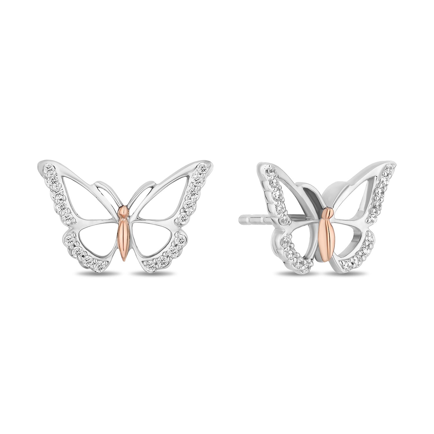 Enchanted Disney Fine Jewelry 14K Rose Gold Over Sterling Silver with 1/6 CTTW Diamonds Mulan Butterfly Stud Earrings