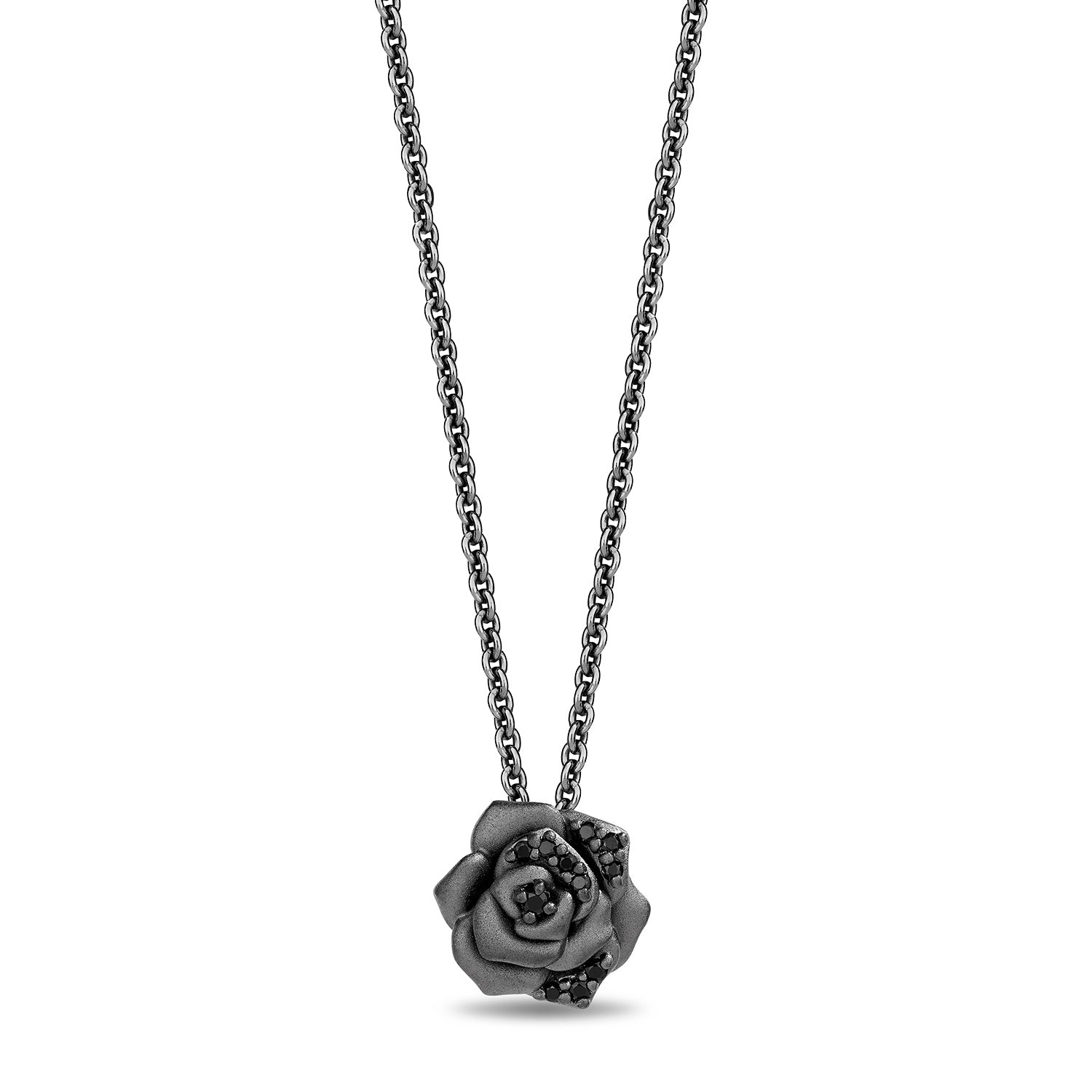 Enchanted Disney Fine Jewelry Black Rhodium Over Sterling Silver with 1/10 CTTW Diamond Maleficent Rose Necklace