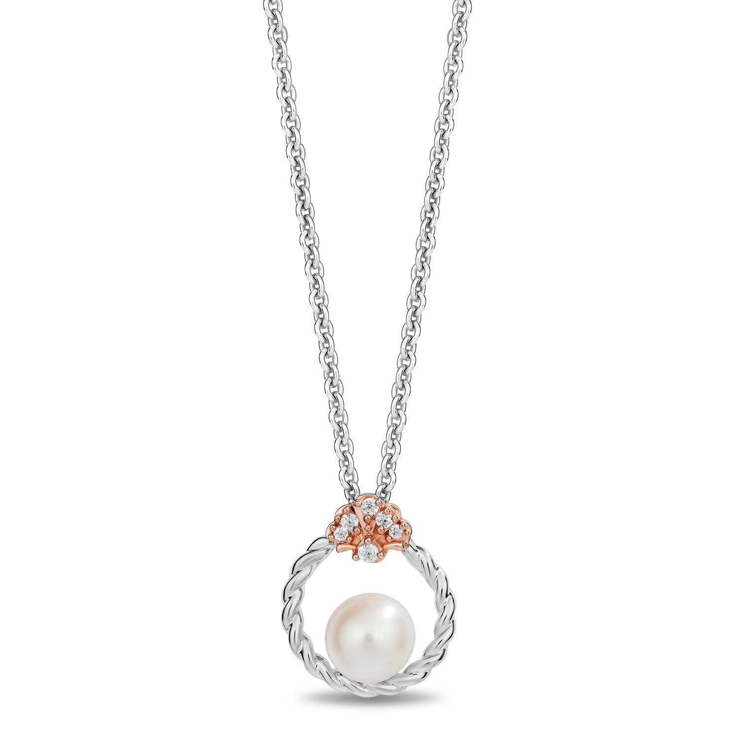 Enchanted Disney Fine Jewelry 14K Rose Gold Over Sterling Silver with 1/20 CTTW Diamonds and Fresh Water Pearl Ariel Pendant Necklace