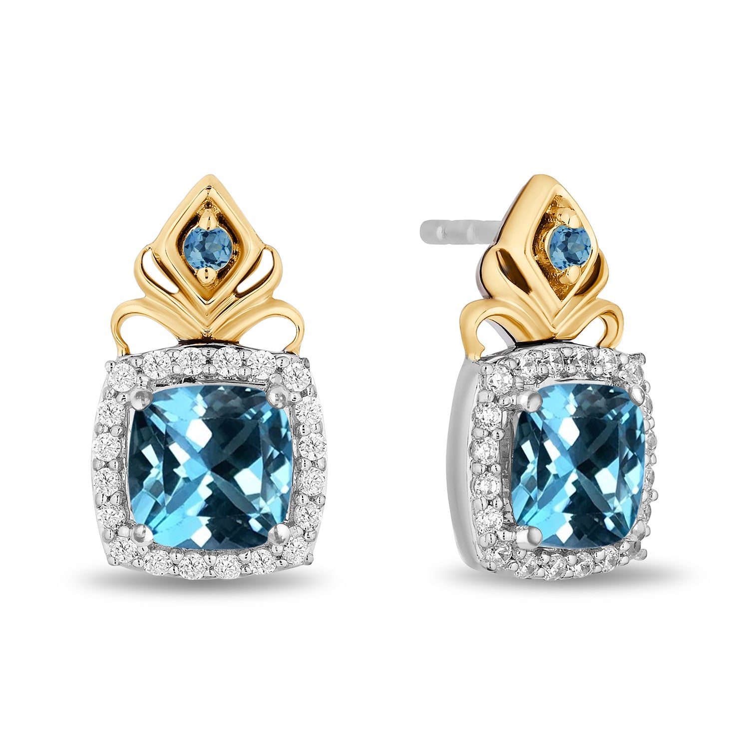 Enchanted Disney Fine Jewelry 14K Yellow Gold Over Sterling Silver with 1/6 CTTW Diamonds and Swiss Blue Topaz Jasmine Earrings