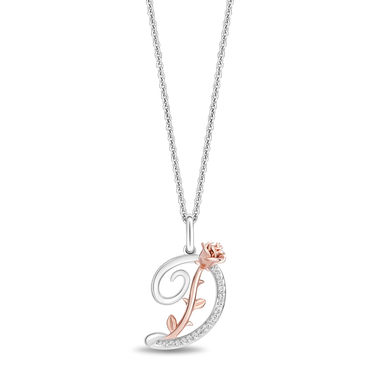 Enchanted Disney Fine Jewelry Sterling Silver and 10K Rose Gold with 1/20 CTTW Diamonds Alphabet 'D' Belle Pendant Necklace