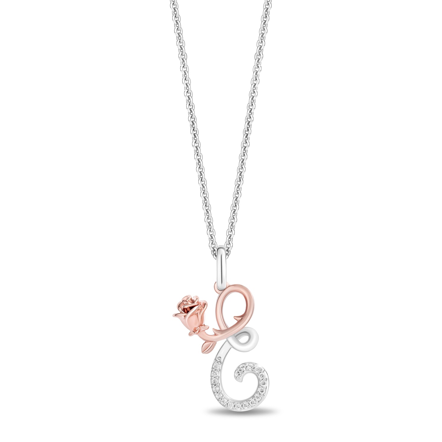 Enchanted Disney Fine Jewelry Sterling Silver and 10K Rose Gold with 1/20 CTTW Diamonds Alphabet 'E' Belle Pendant Necklace