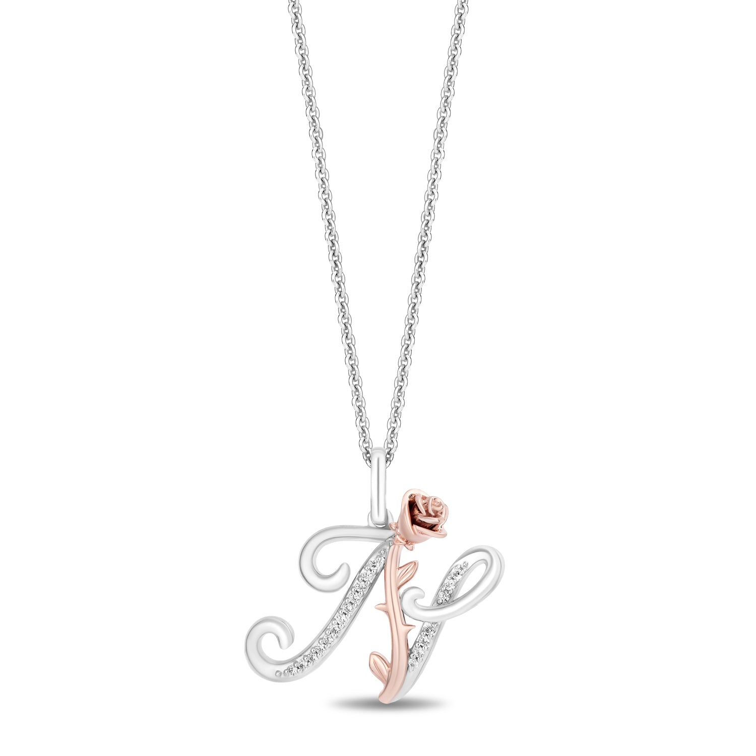 Enchanted Disney Fine Jewelry Sterling Silver and 10K Rose Gold with 1/20 CTTW Diamonds Alphabet 'N' Belle Pendant Necklace