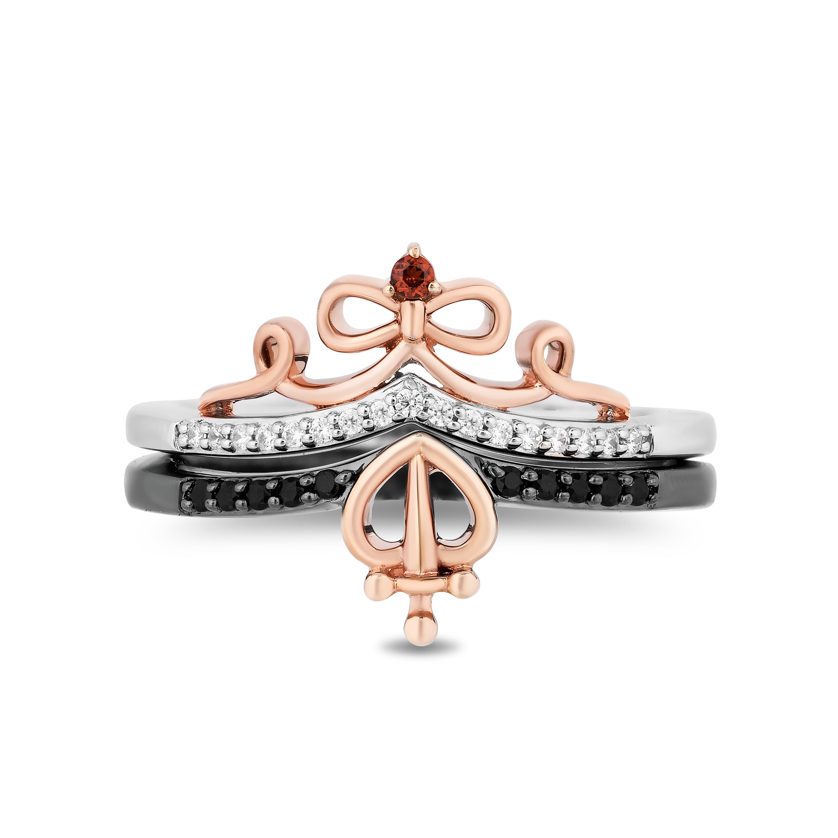 Enchanted Disney Fine Jewelry 14K Rose Gold and Black Rhodium Over Sterling Silver with 1/6 CTTW Diamonds and Garnet Snow White and Evil Queen Duo Ring