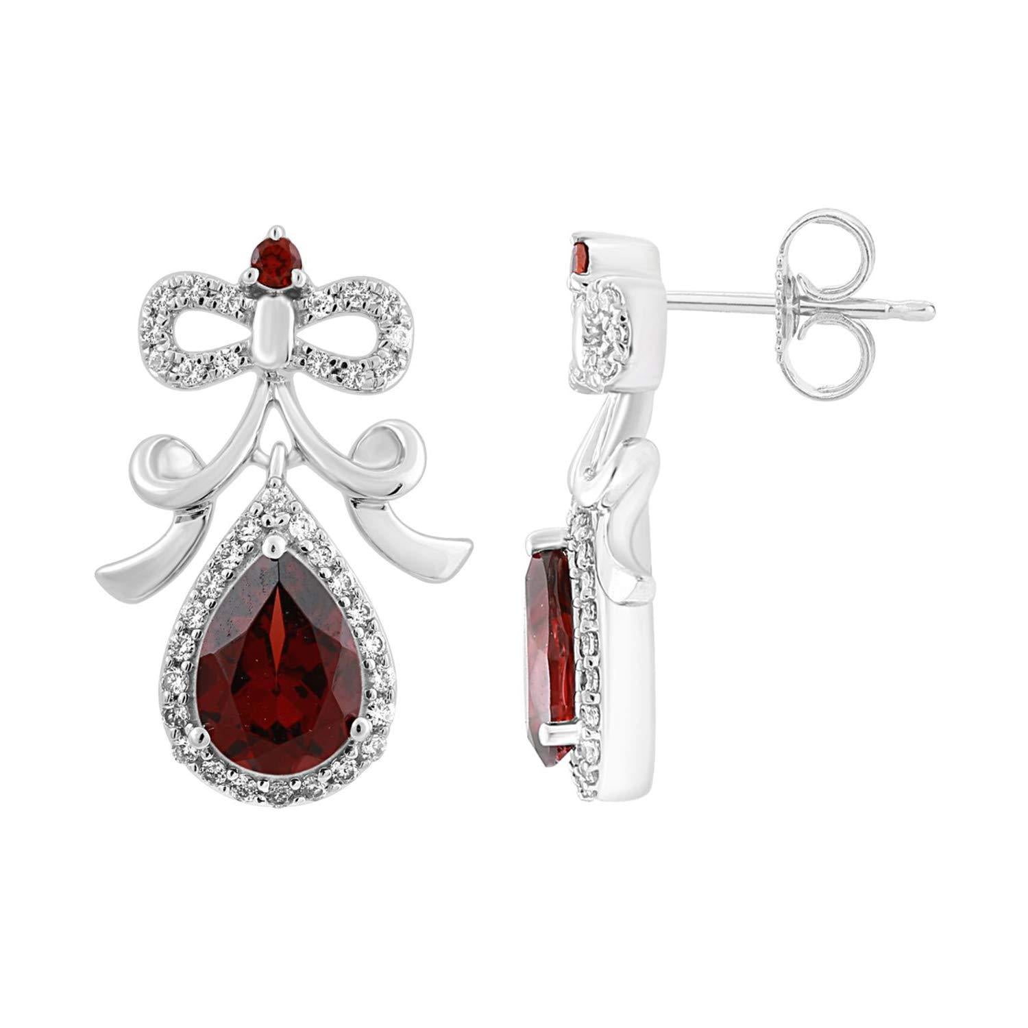 Enchanted Disney Fine Jewelry Sterling Silver with 1/4 CTTW Diamond and Garnet Snow White Bow Earrings