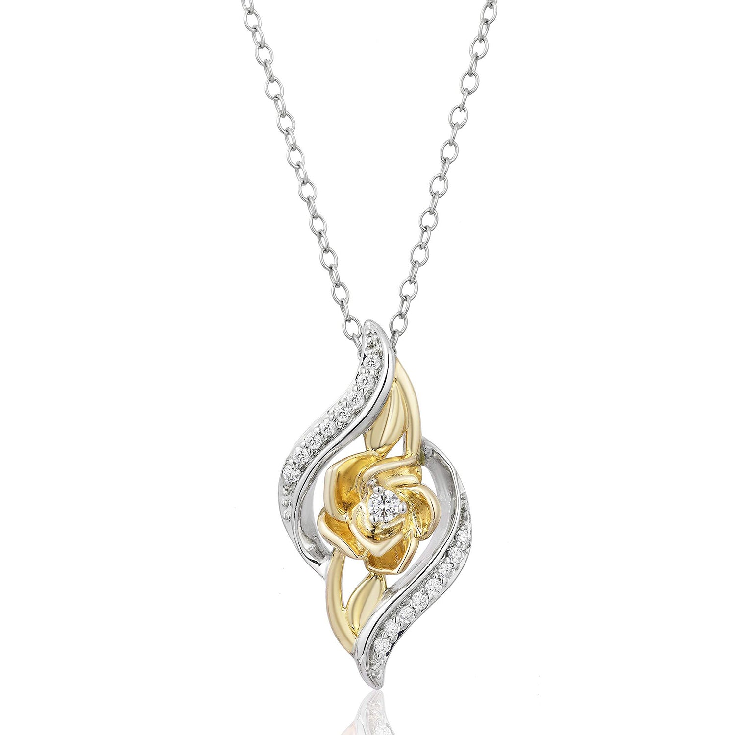 Enchanted Disney Fine Jewelry 14K Yellow Gold Over Sterling Silver 1/10 CTTW Belle Rose Pendant Necklace