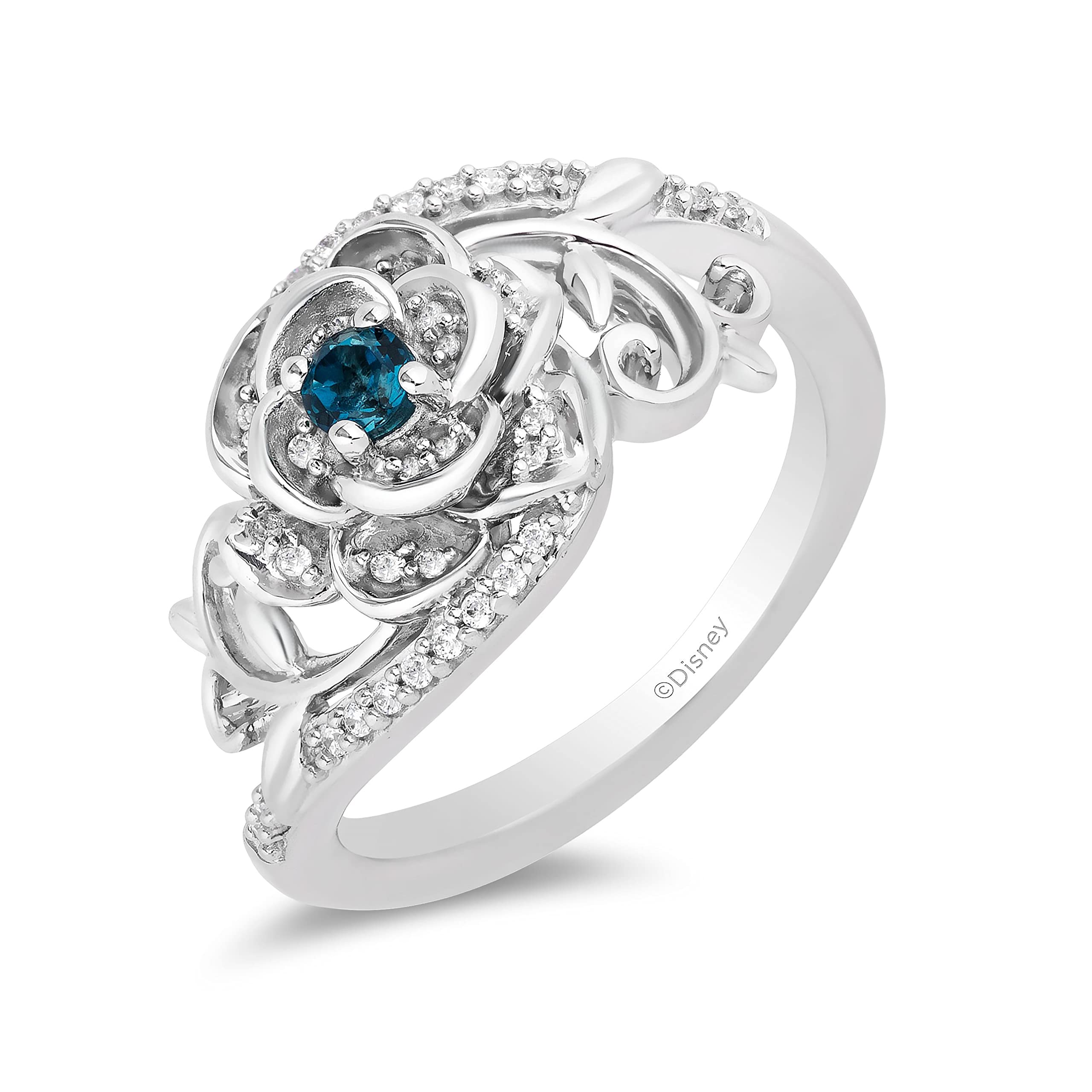 Enchanted Disney Fine Jewelry Sterling Silver with 1/6 CTTW Diamond and London Blue Topaz Cinderella 70th Anniversary Gardenia Flower Ring