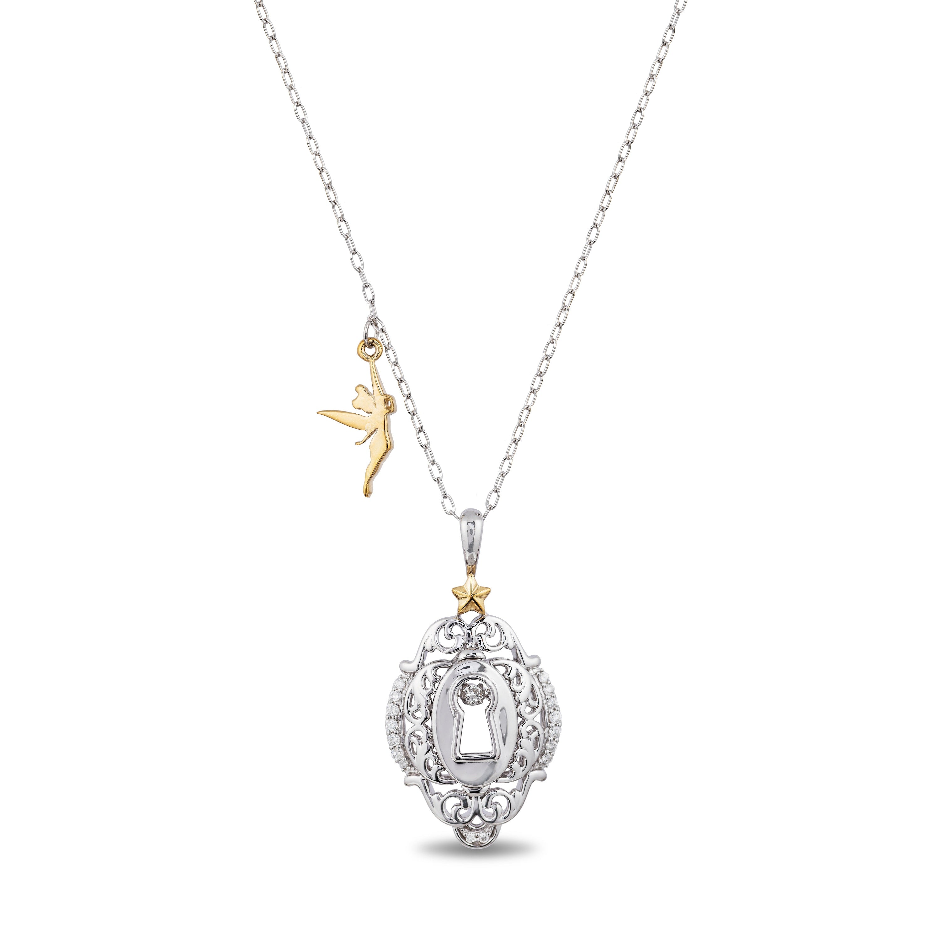 Enchanted Disney Fine Jewelry Sterling Silver and 10K Yellow Gold with 1/10 CTTW Diamond Tinker Bell Pendant Necklace