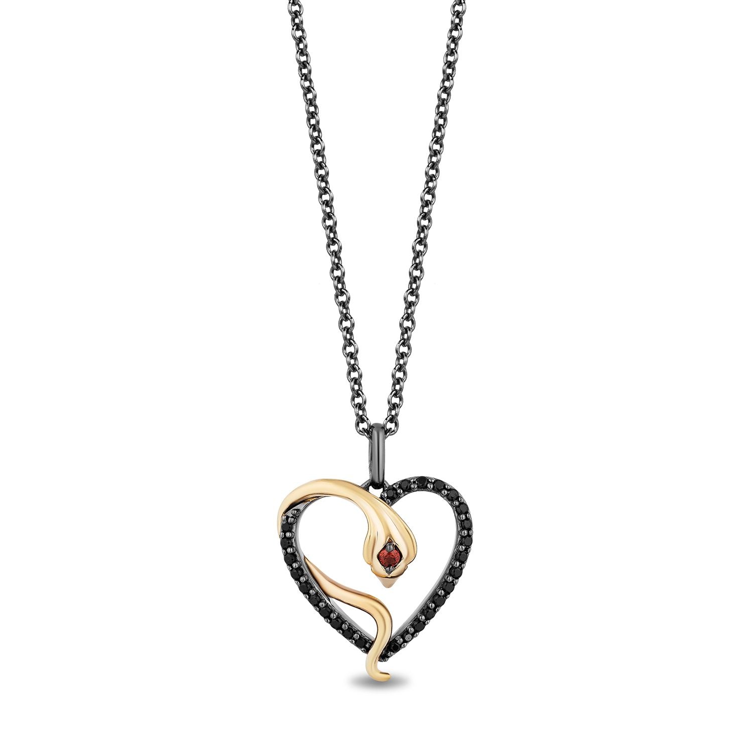 Enchanted Disney Fine Jewelry Black Rhodium Over Sterling Silver and 10K Yellow Gold 1/5 CTTW Black Diamond and Red Garnet Jafar Heart Pendant Necklace