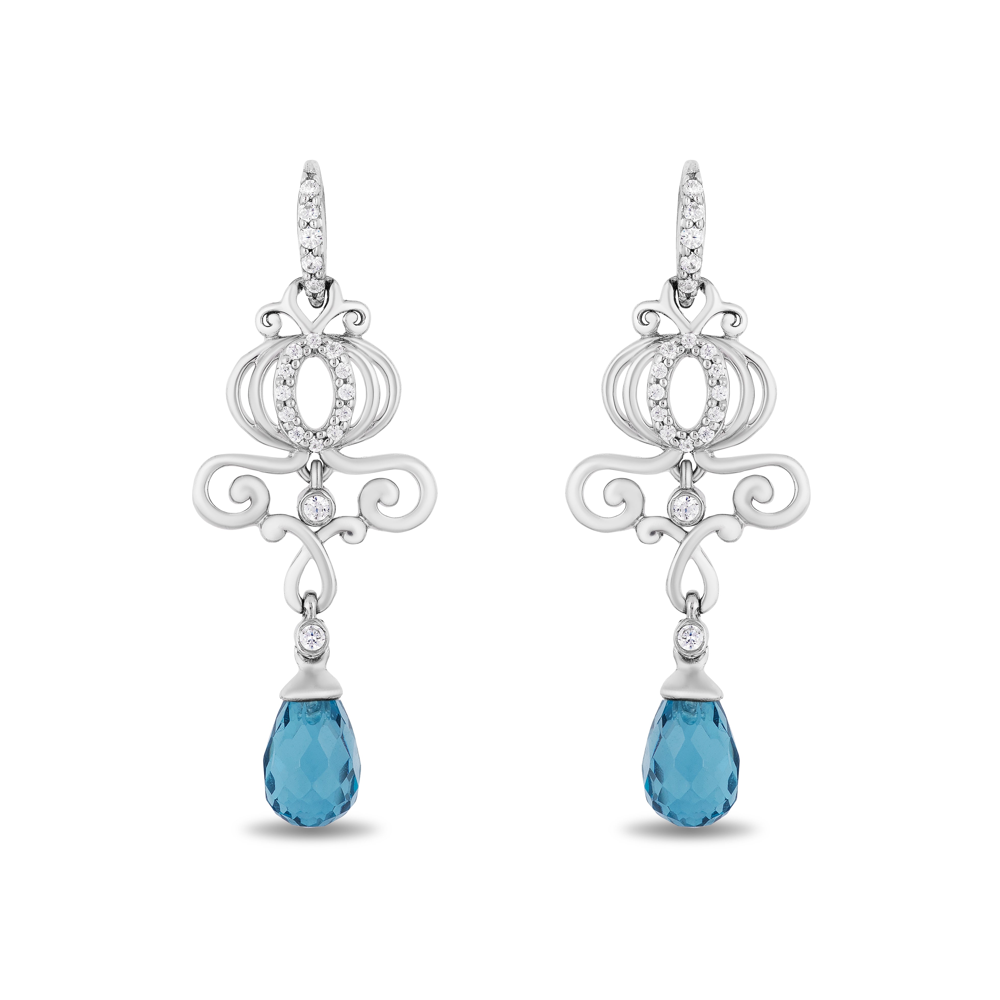 Enchanted Disney Fine Jewelry Sterling Silver with 1/10 CTTW Diamond and London Blue Topaz Briolette Cinderella Dangle Earrings