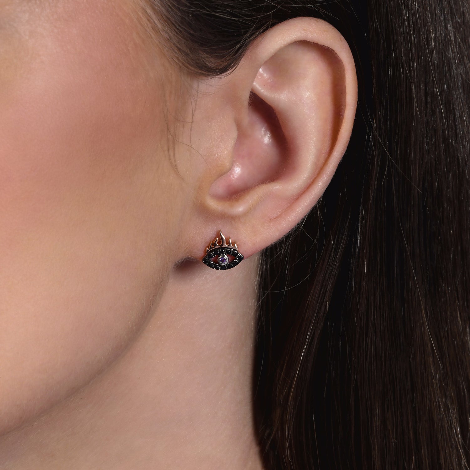 Enchanted Disney Fine Jewelry Black Rhodium over Sterling Silver and 10K Rose Gold with 1/5 CTTW Black Diamond and Amethyst Dr. Facilier Eye Stud Earrings