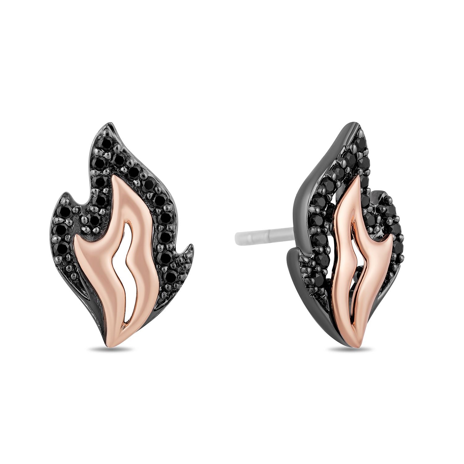 Enchanted Disney Fine Jewelry Black Rhodium over Sterling Silver and 10K Rose Gold with 1/4 CTTW Black Diamond Maleficent Flame Earrings