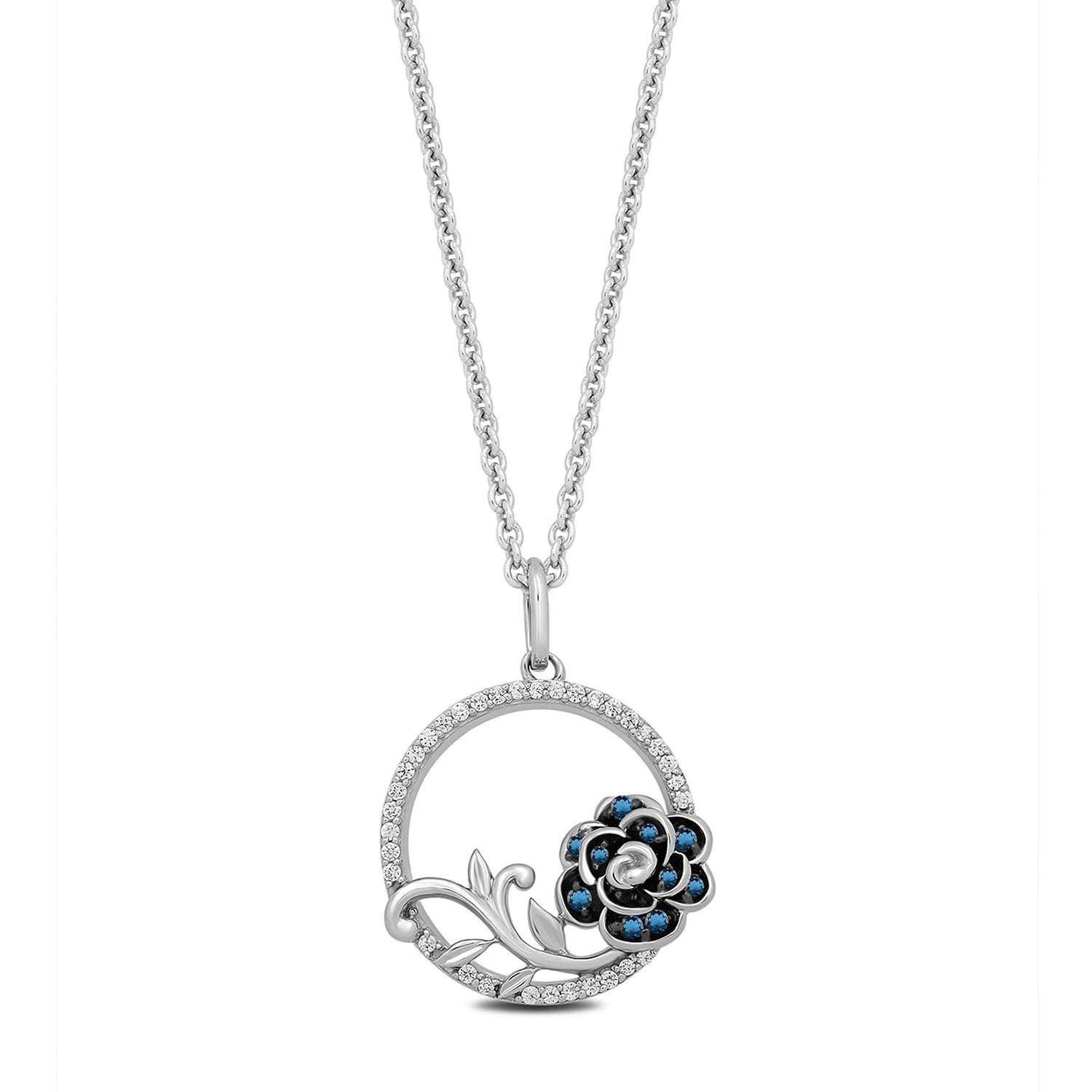 Enchanted Disney Fine Jewelry Sterling Silver with 1/6 CTTW Diamond and London Blue Topaz Cinderella 70th Gardania Flower Circle Pendant Necklace