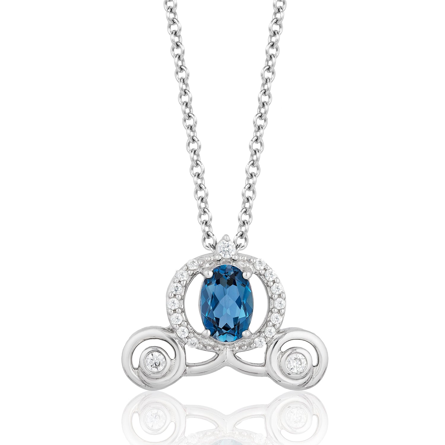 Enchanted Disney Fine Jewelry Sterling Silver 1/10 CTTW Diamond and London Blue Topaz Cinderella Carriage Pendant Necklace