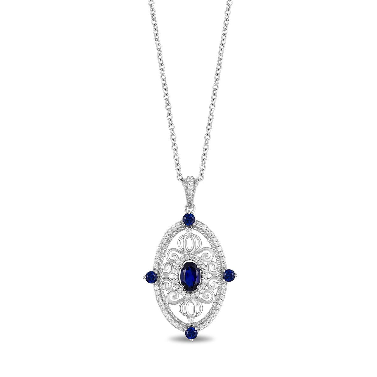 14K White Gold Diamond and Blue Sapphire Cinderella Medallion Pendant