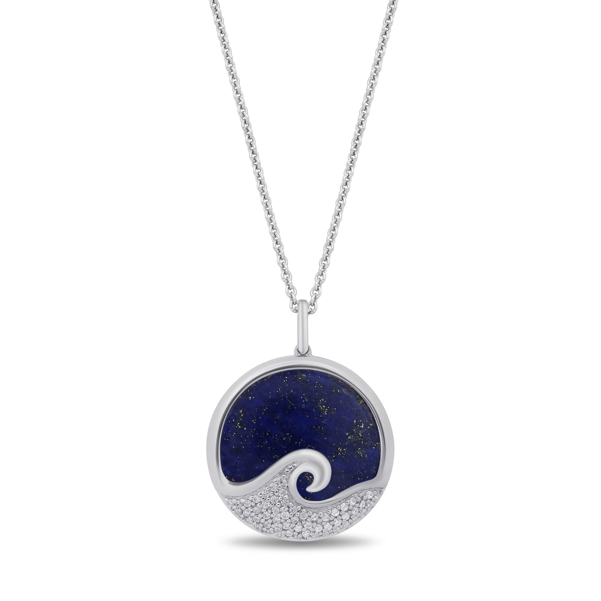 Enchanted Disney Fine Jewelry Sterling Silver 1/6 CTTW Diamond and Lapis Moana Wave Pendant Necklace