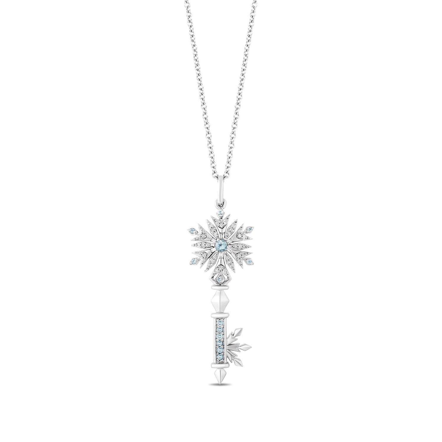 Enchanted Disney Fine Jewelry Sterling Silver with 1/10 CTTW Diamond and Sky Blue Topaz & Swiss Blue Topaz Elsa Key Pendant Necklace