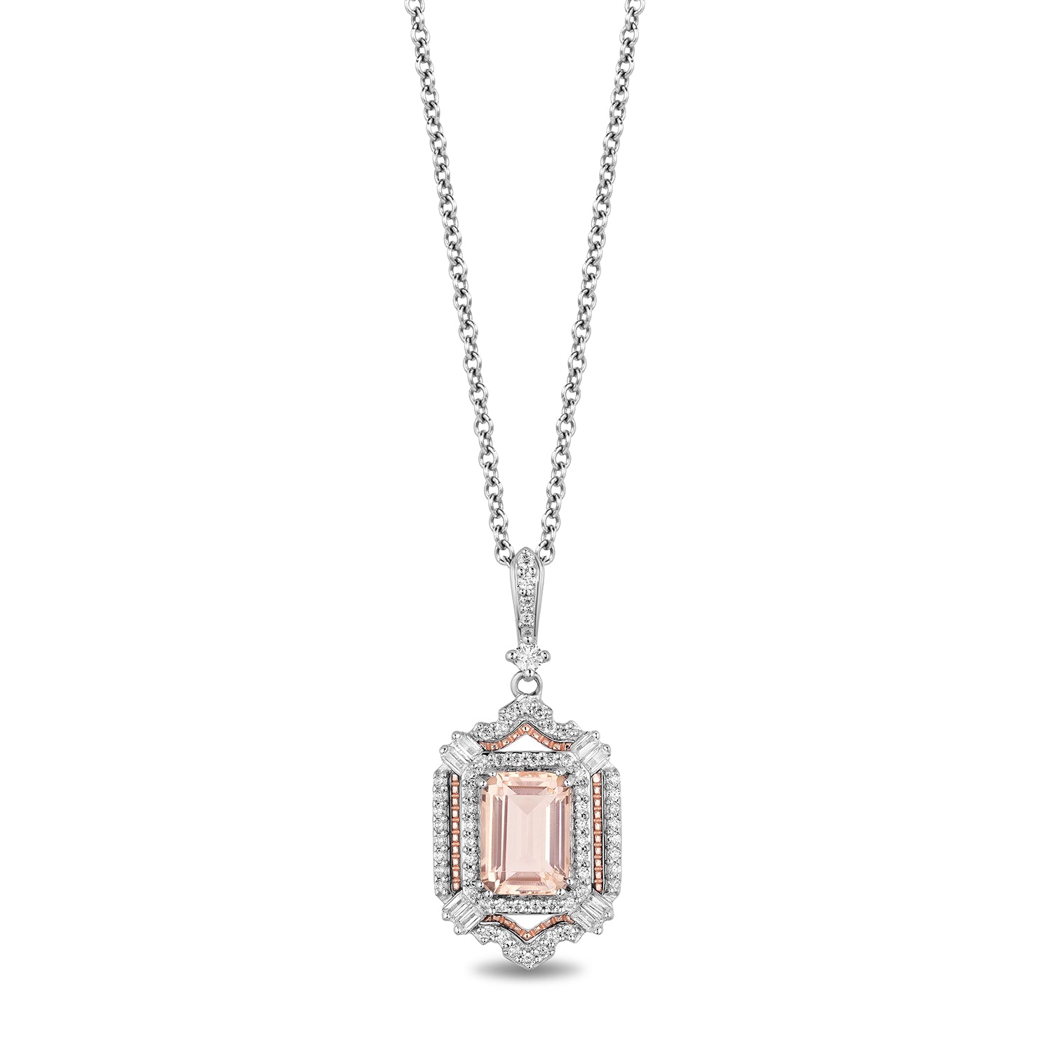 Enchanted Disney Fine Jewelry Sterling Silver and 10K Rose Gold with 1/4 CTTW Diamond And Morganite Aurora Pendant Necklace