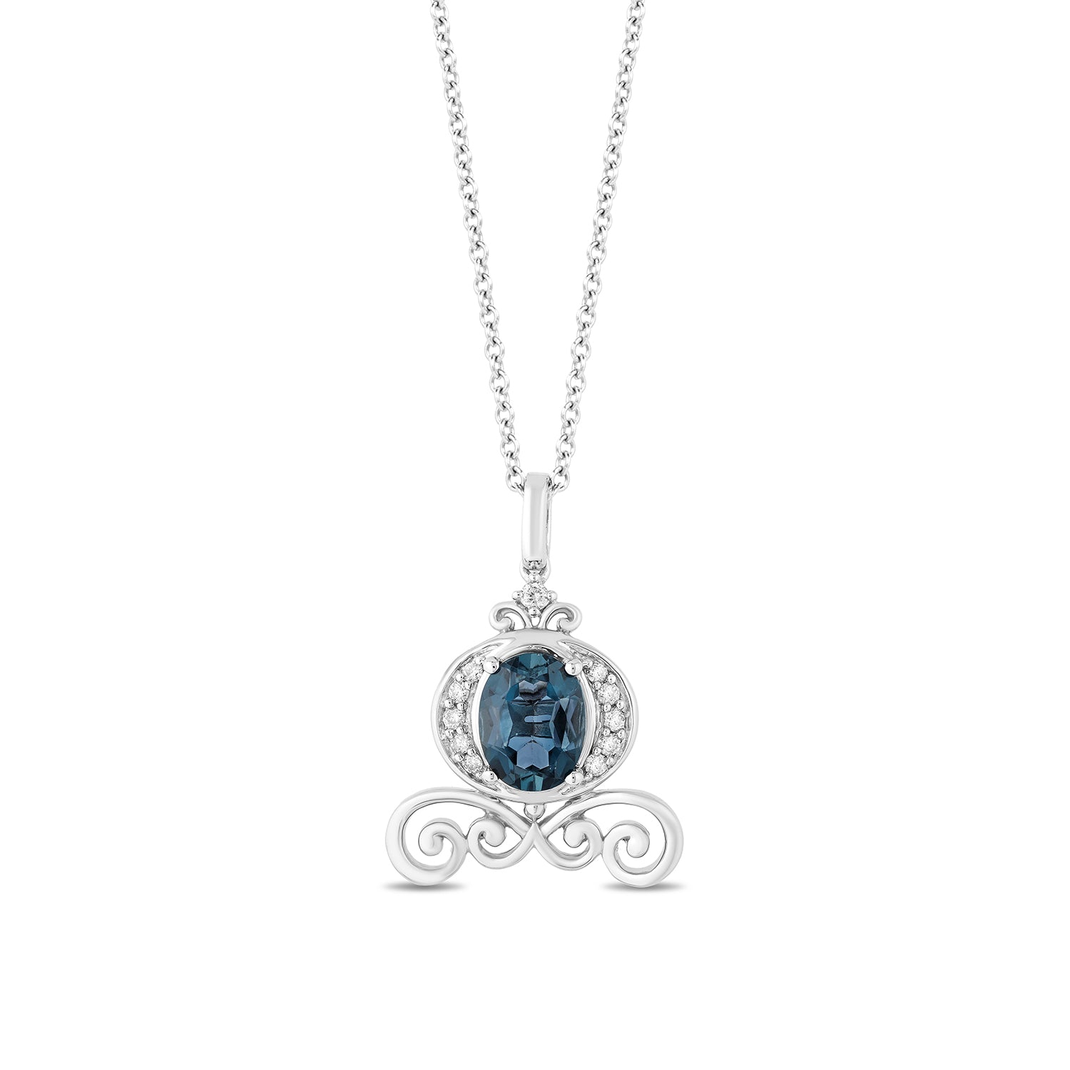 Enchanted Disney Fine Jewelry Sterling Silver with 1/10 CTTW Diamonds and London Blue Topaz Cinderella Carriage Pendant Necklace