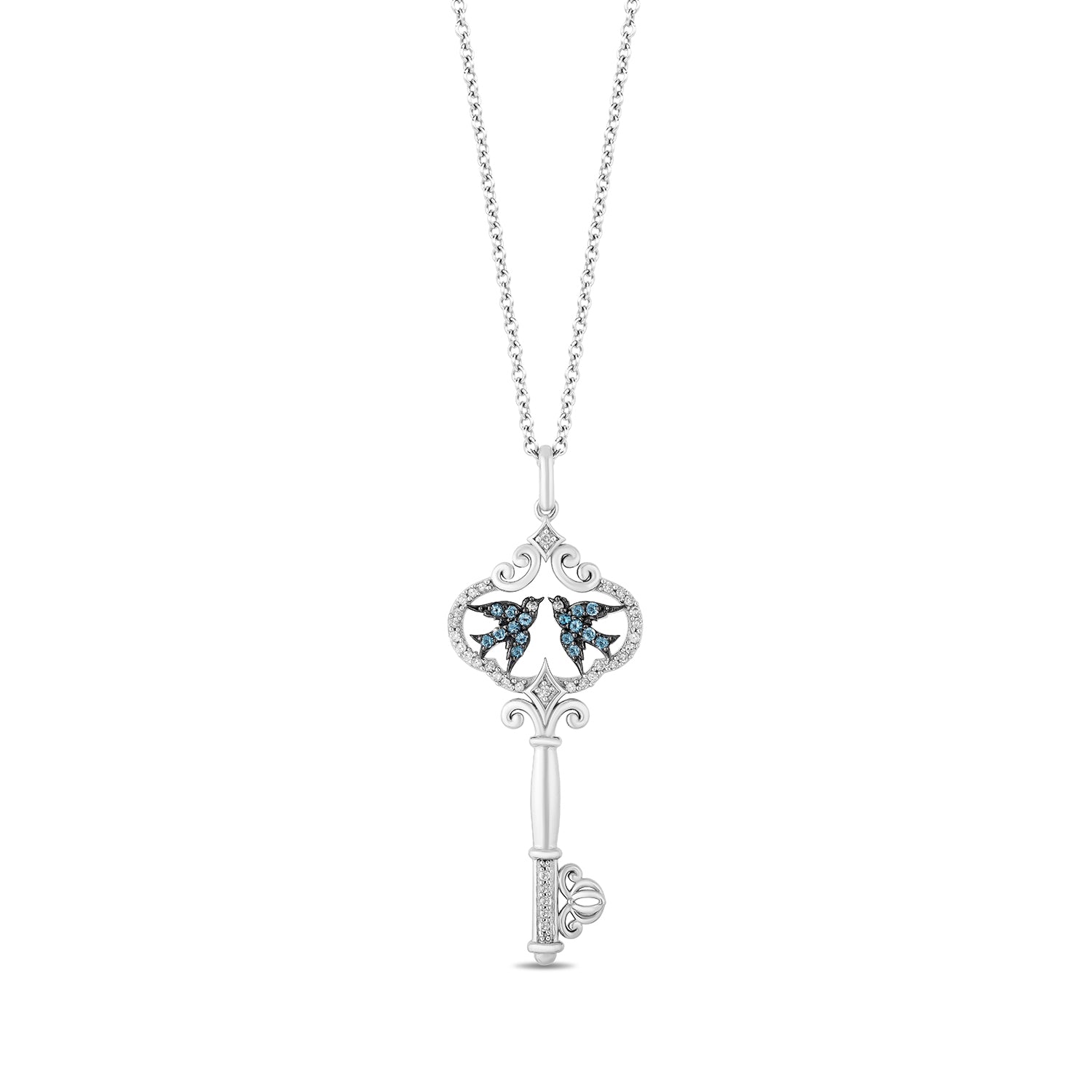 Enchanted Disney Fine Jewelry Sterling Silver with 1/10 CTTW Diamond and London Blue Topaz Cinderella 70th Anniversary Key Pendant Necklace