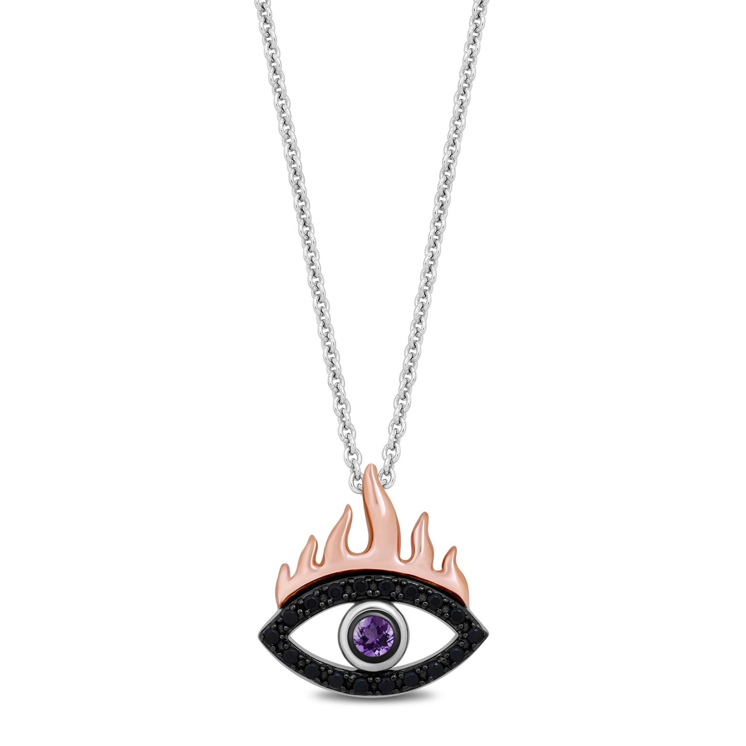 Enchanted Disney Fine Jewelry Black Rhodium over Sterling Silver and 10K Rose Gold with 1/8 CTTW Black Diamond and Amethyst Dr. Facilier Eye Pendant Necklace