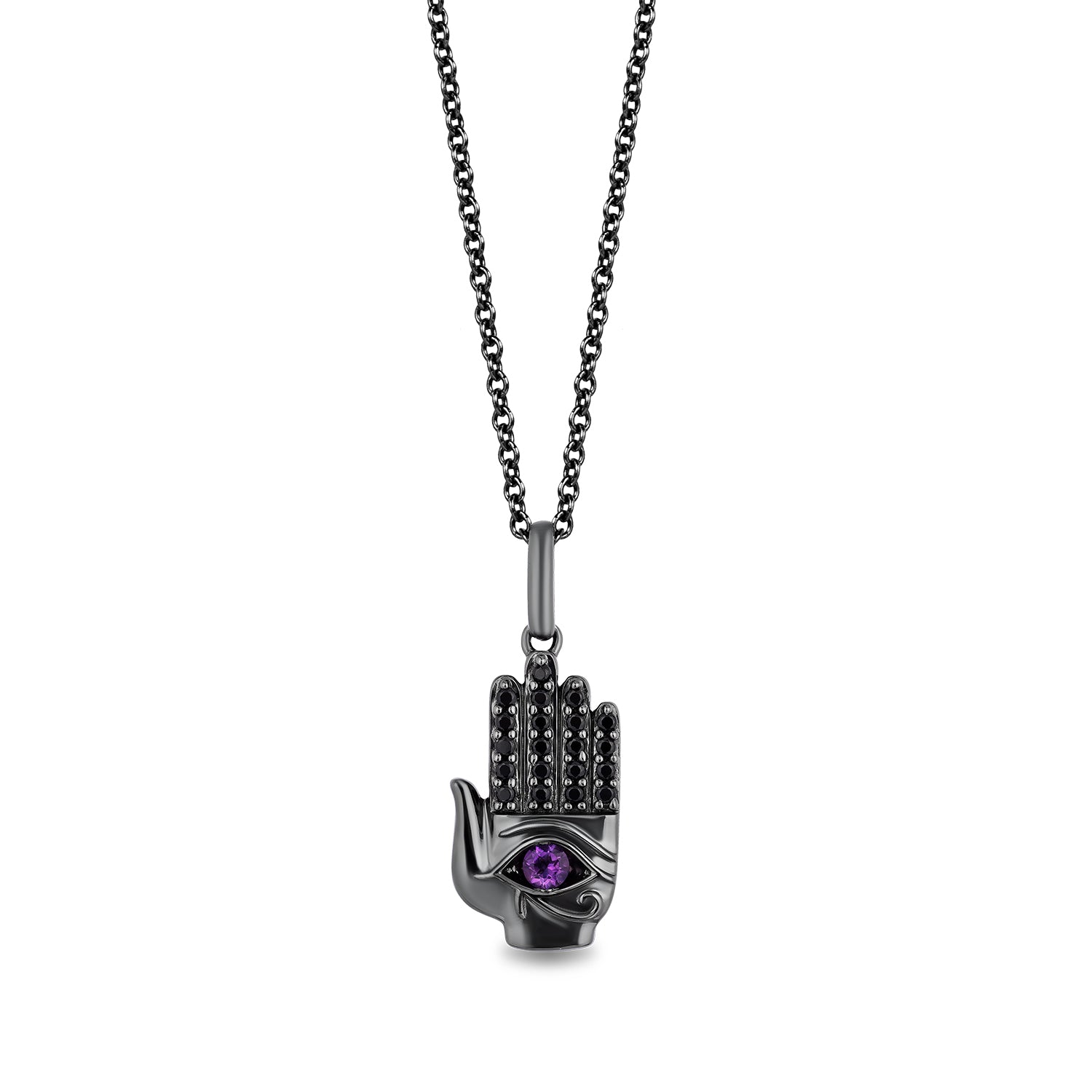 Enchanted Disney Fine Jewelry Black Rhodium over Sterling Silver with 1/6 CTTW Black Diamond and Amethyst Dr. Facilier Hand Pendant Necklace