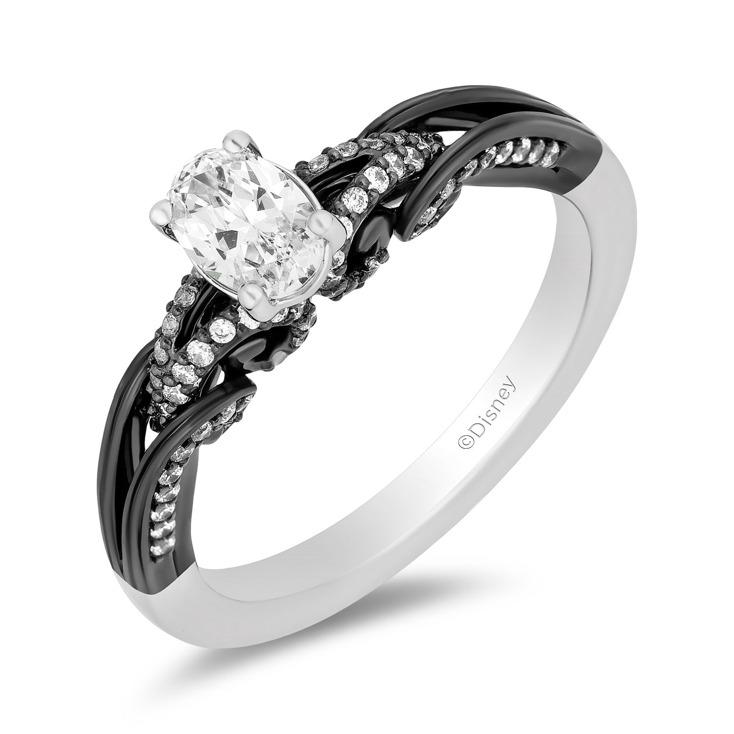 Enchanted Disney Fine Jewelry 14K White Gold with Black Rhodium Ursula Oval Engagement Ring with 1/2 CT Diamond Center and 3/4 CTTW Diamonds