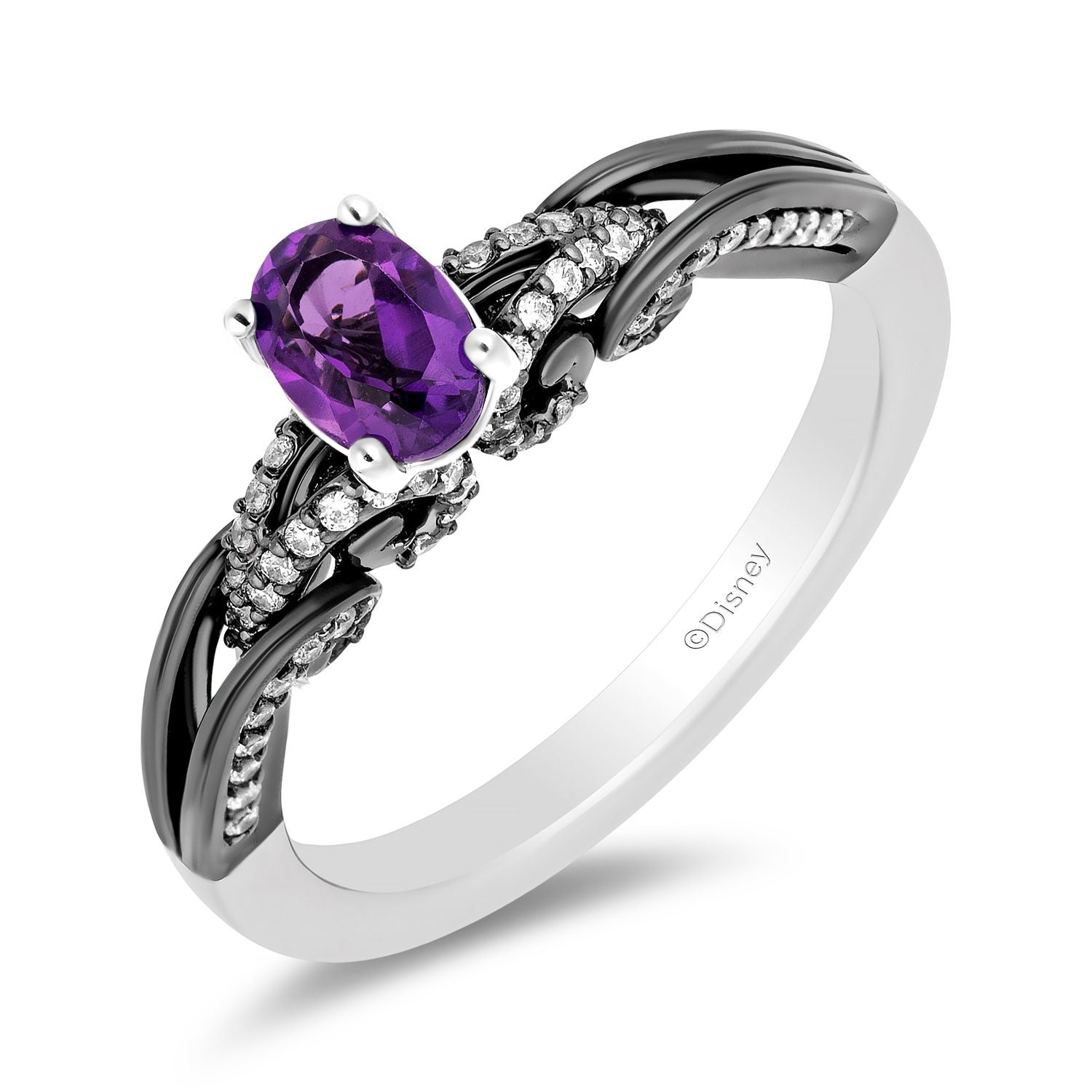 Enchanted Disney Fine Jewelry 14K White Gold with Black Rhodium Ursula Gemstone Engagement Ring with Oval Amethyst Center and 1/4 CTTW Diamonds