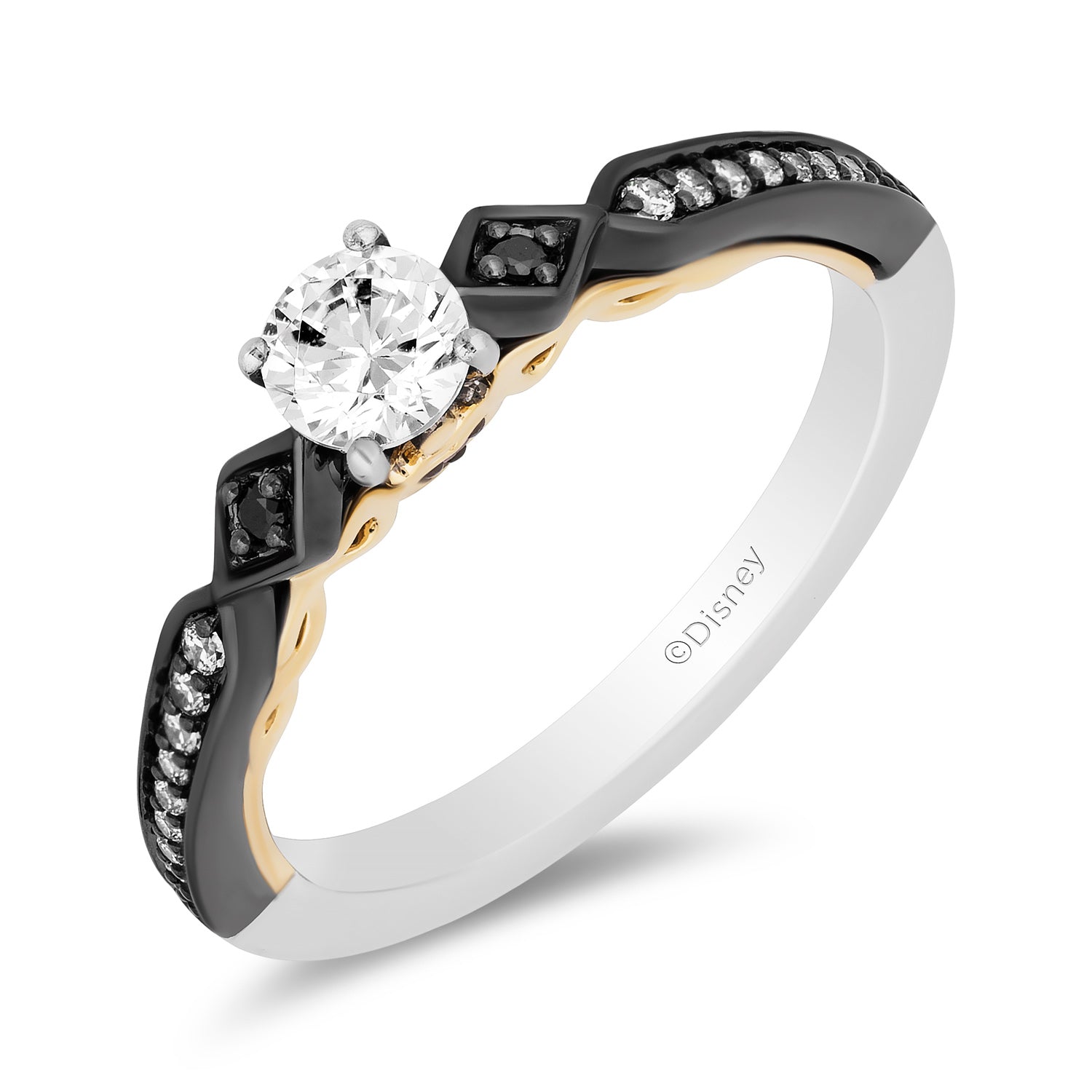 Enchanted Disney Fine Jewelry 14K White Gold and Yellow Gold with Black Rhodium Evil Queen Engagement Ring with 1/2 CT Round Center and 5/8 CTTW Diamonds and Garnet Peek-a-boo Surprise