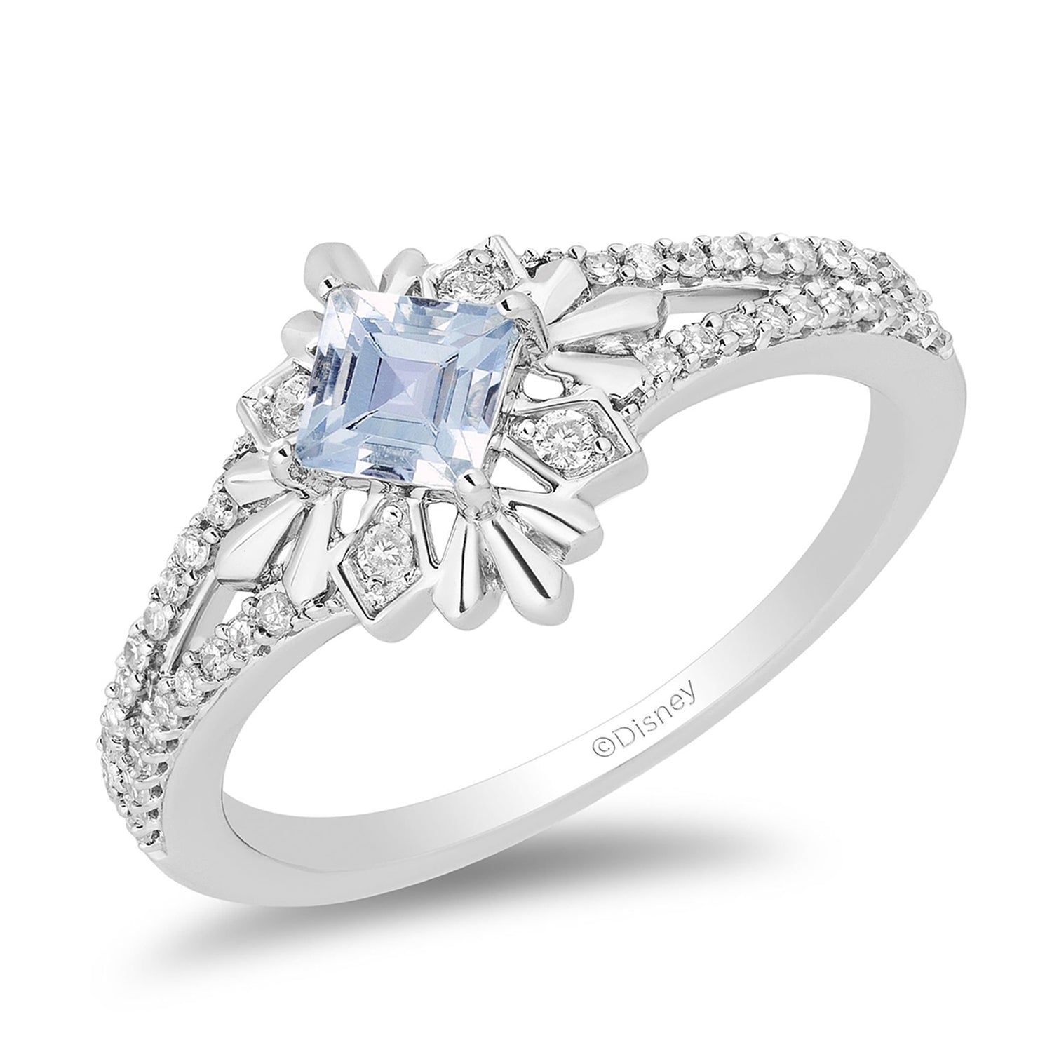 Enchanted Disney Fine Jewelry Sterling Silver with 1/5 CTTW Aquamarine Centre Diamond Frozen 2 Elsa Snowflake Ring