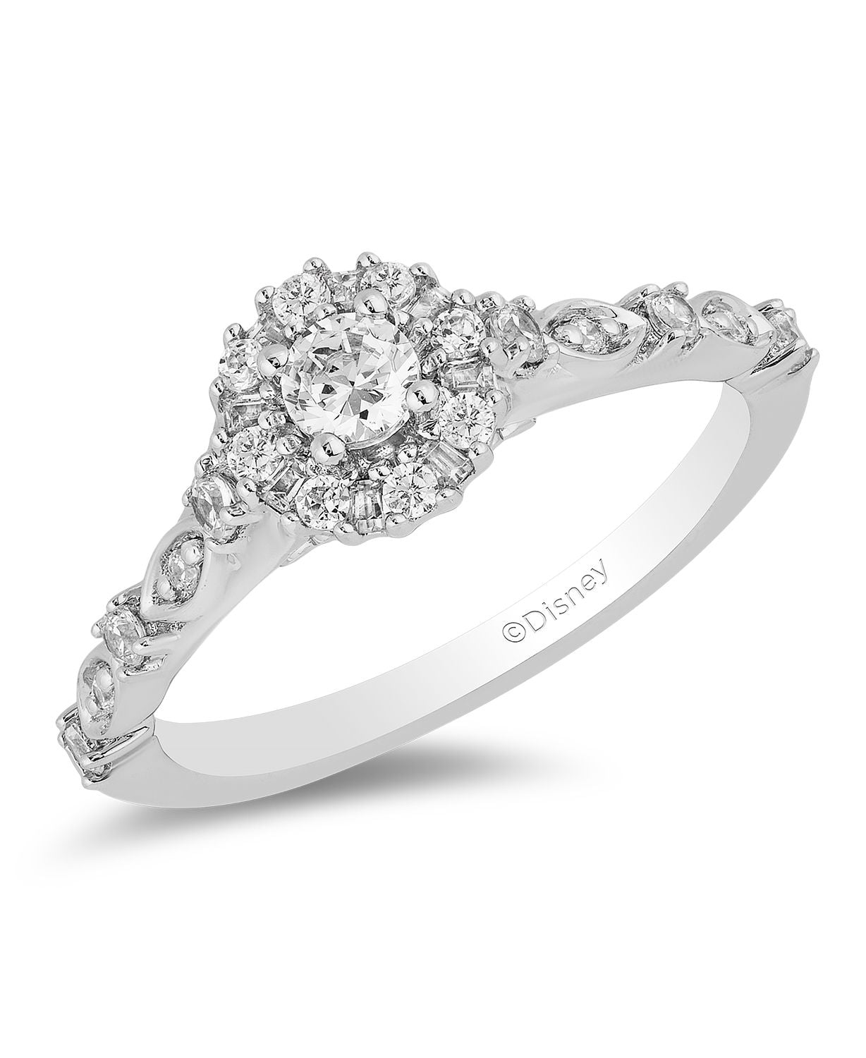 Enchanted Disney Fine Jewelry 14K White Gold with 1/2 CTTW Round And Baguette Shape Diamond Cinderella Engagement Ring