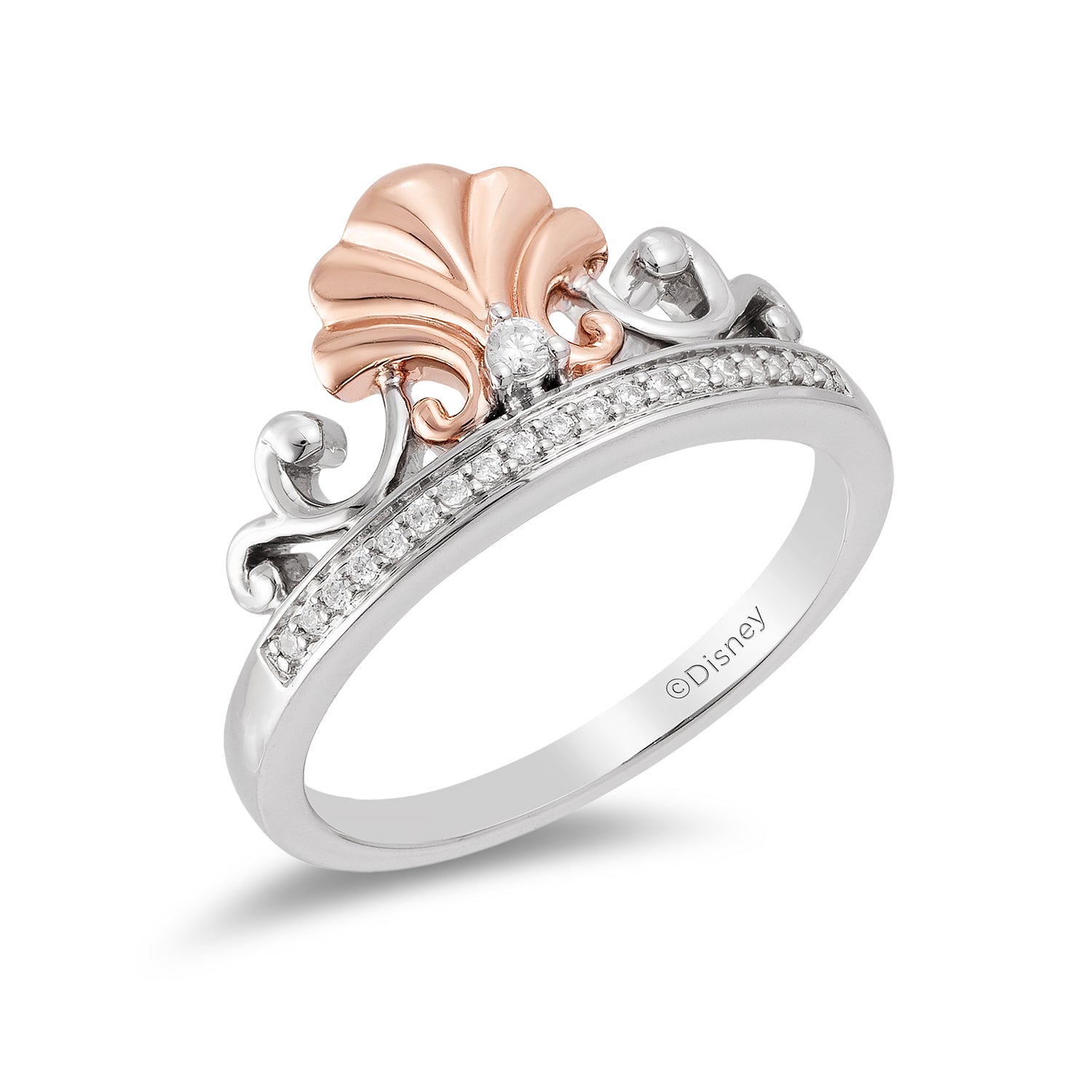 Enchanted Disney Fine Jewelry Sterling Silver and 10k Rose Gold 1/10 CTTW Ariel Shell Tiara Ring