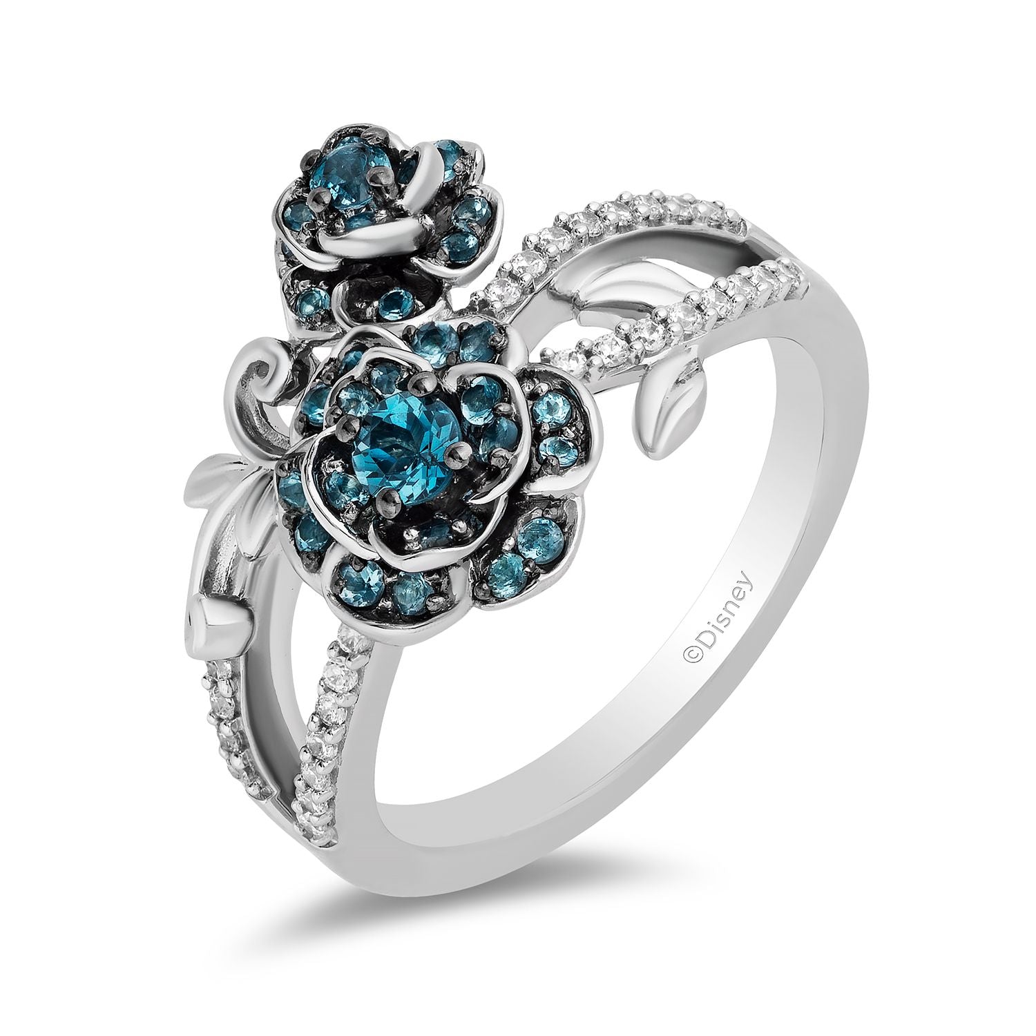 Enchanted Disney Fine Jewelry Sterling Silver with 1/6 CTTW Diamond and London Blue Topaz Cinderella 70th Gardenia Flower Ring