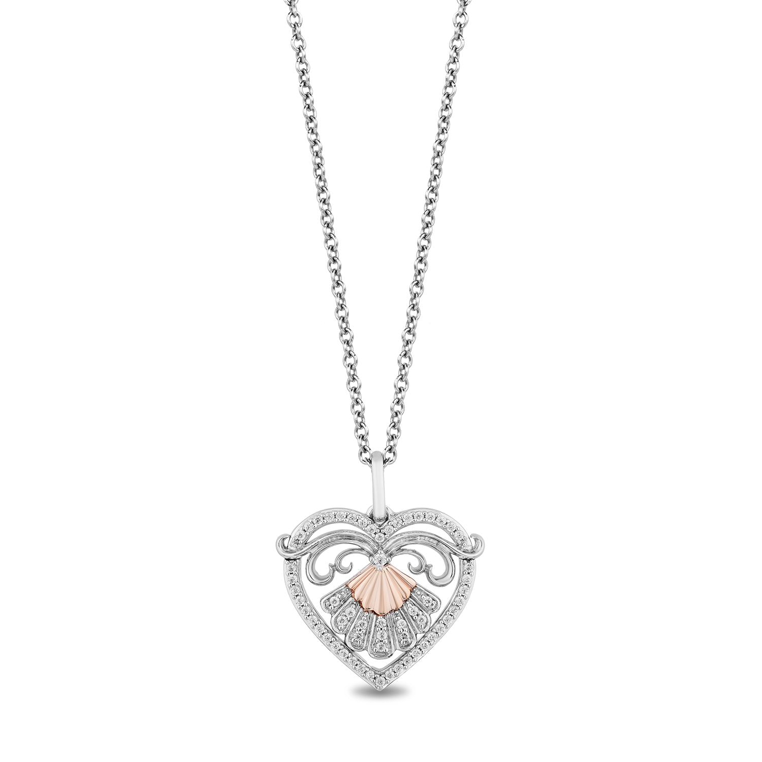 Enchanted Disney Fine Jewelry Sterling Silver and 10K Rose Gold With 1/5 CTTW Diamond Ariel Heart Pendant Necklace