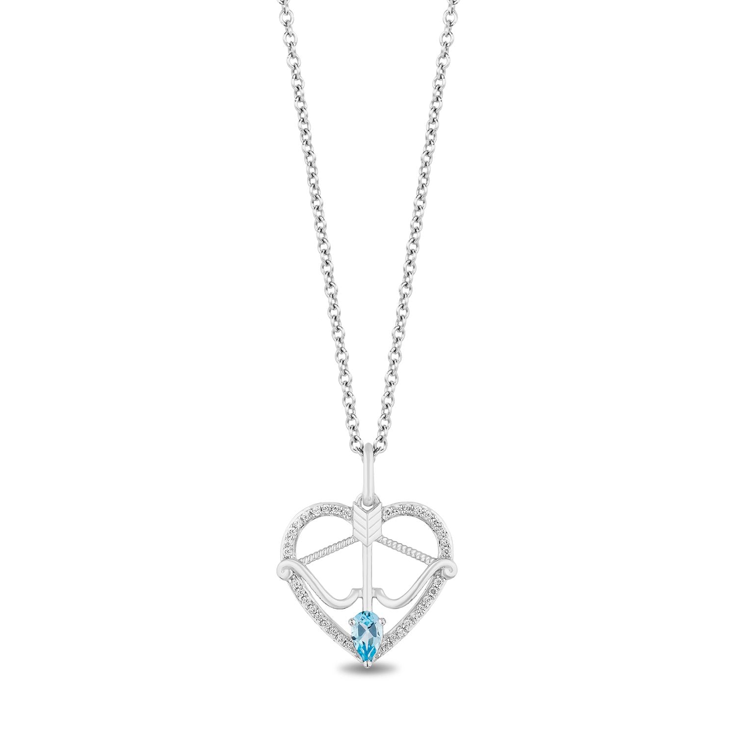 Enchanted Disney Fine Jewelry Sterling Silver 1/8 CTTW Diamond With Swiss Blue Topaz Merida Bow and Arrow Heart Pendant Necklace