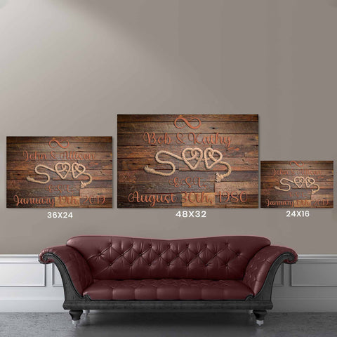 2 Heart Rope Infinity Distressed Dark Wood Background Burnt Copper Lettering Canvas Size Comparison